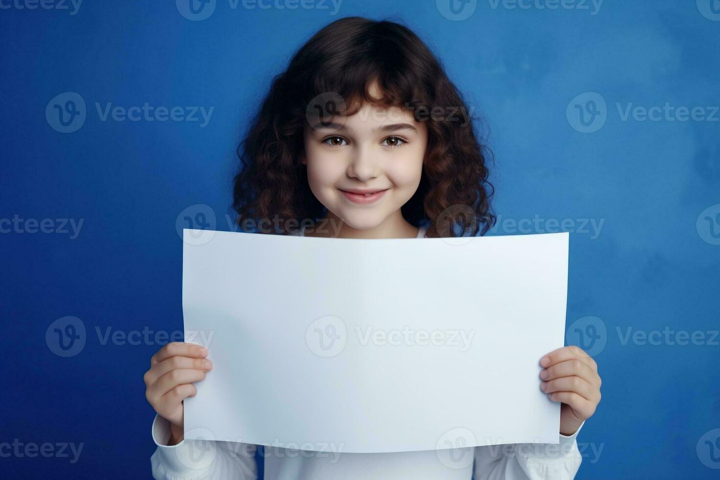 AI generated Cute little girl holding blank white sheet of paper in her hands photo