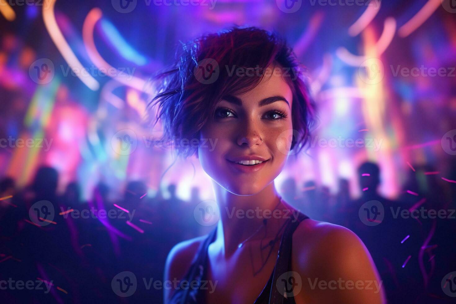 AI generated Portrait of young beautiful asian woman dancing in night club. photo