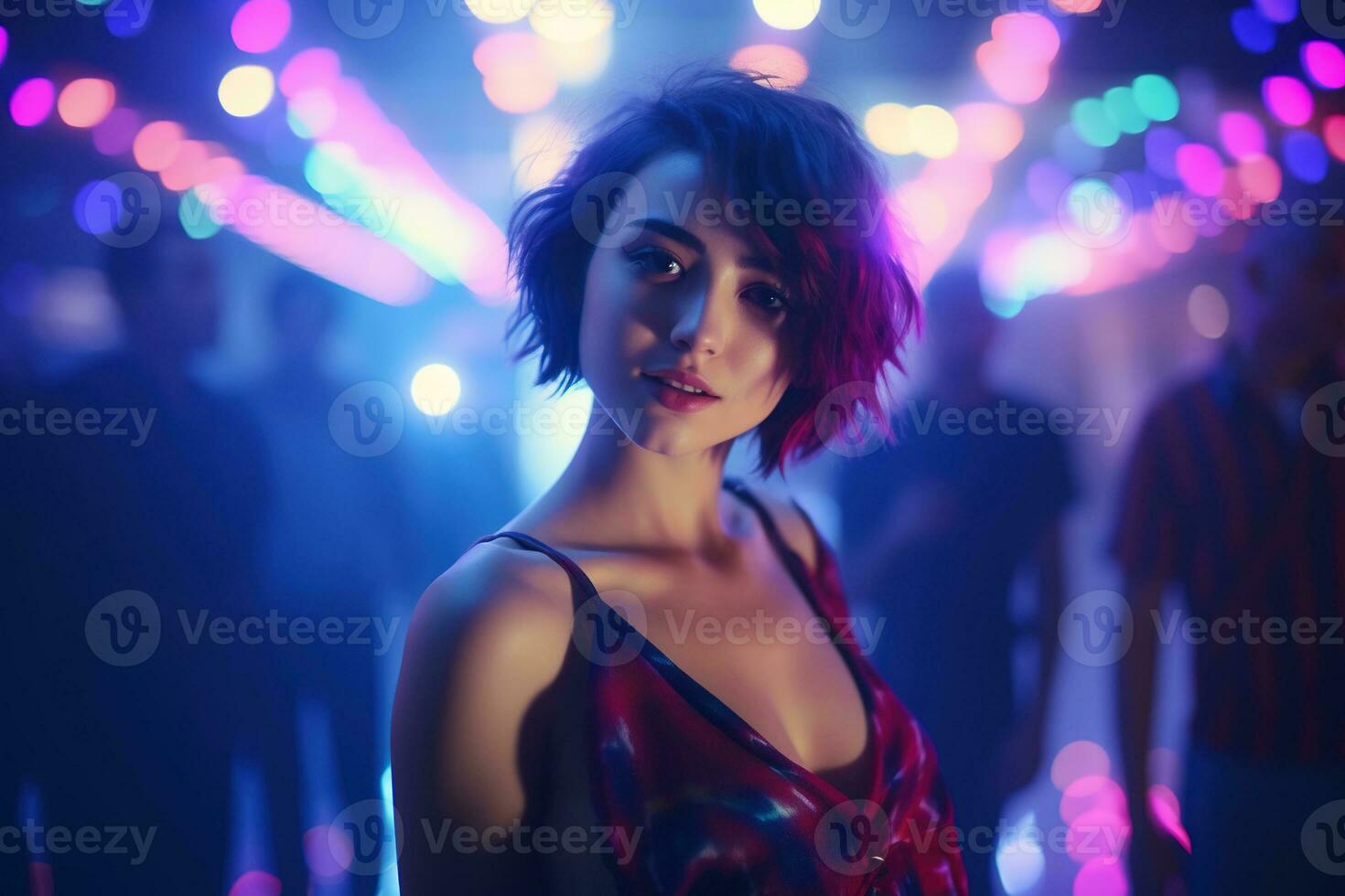AI generated Portrait of young beautiful asian woman dancing in night club. photo