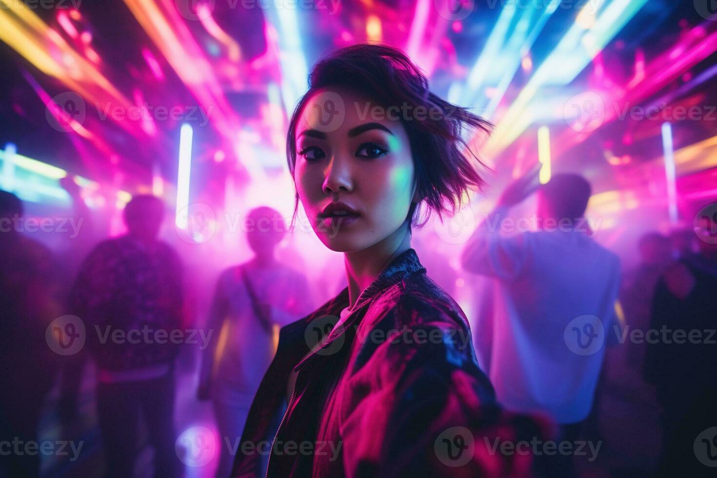 AI generated Portrait of young beautiful asian woman dancing in night club. photo