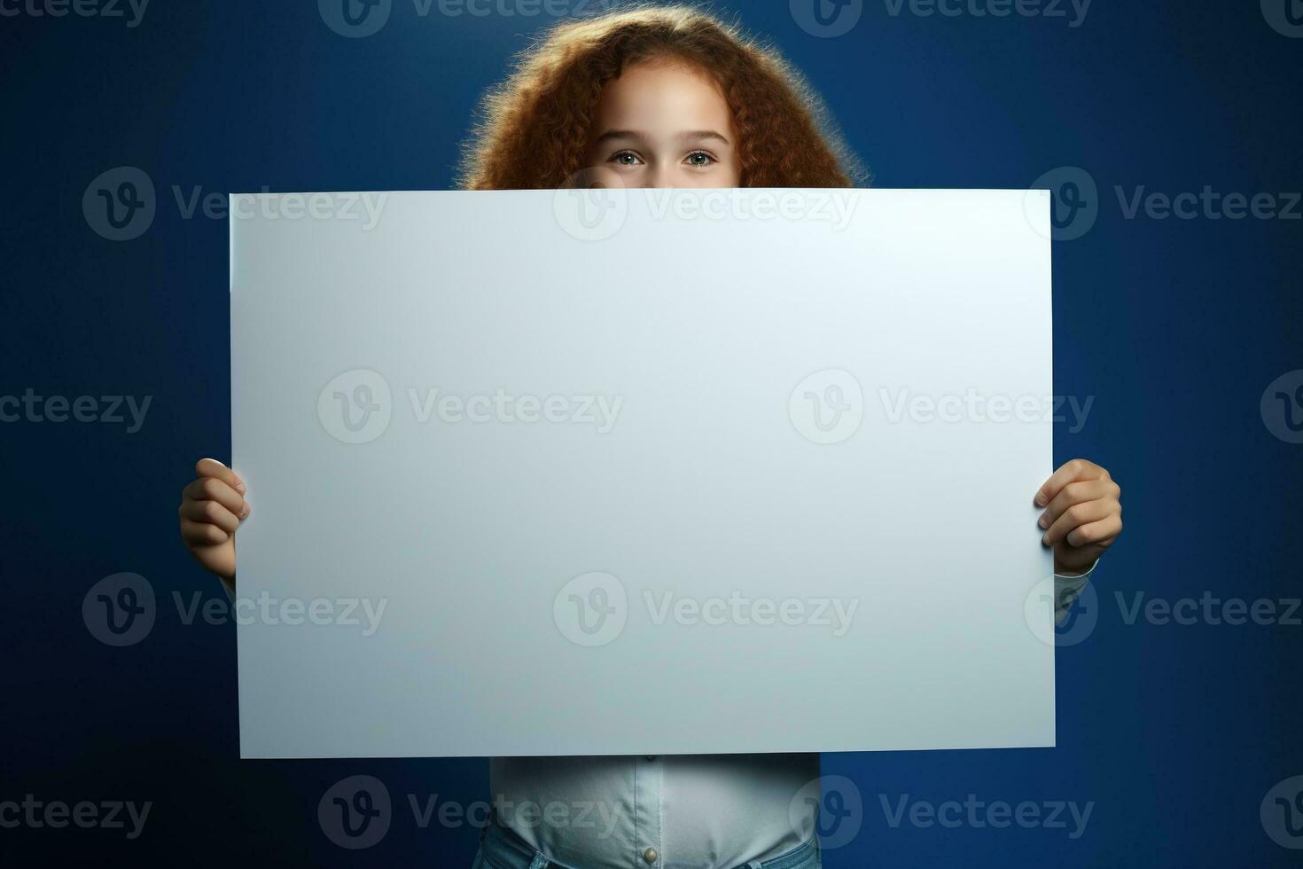AI generated Cute little girl holding blank white sheet of paper in her hands photo