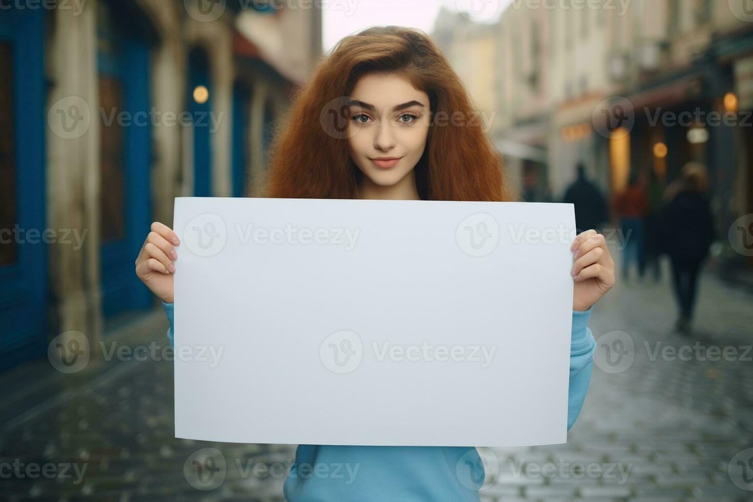 AI generated Cute little girl holding blank white sheet of paper in her hands photo