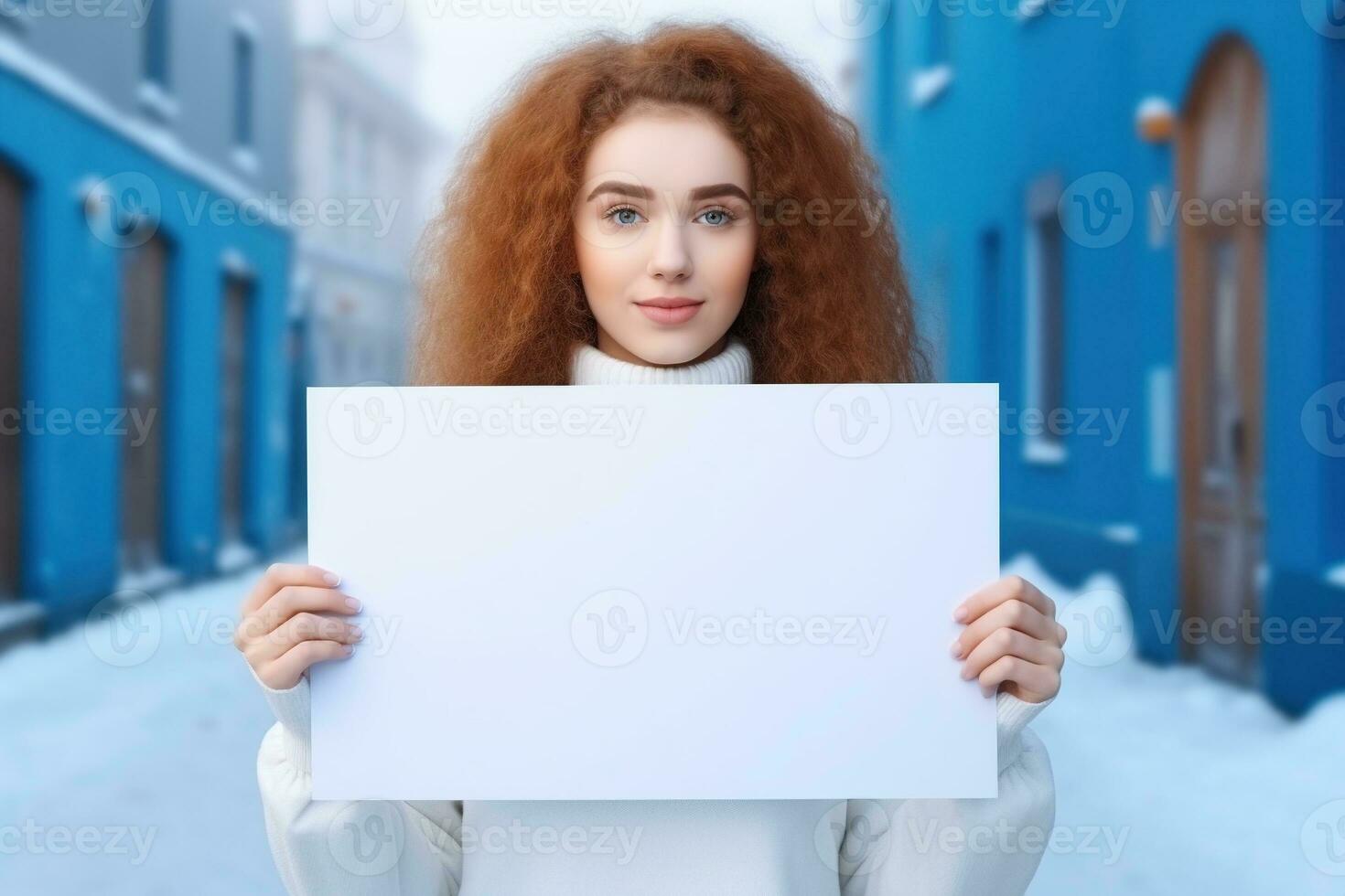 AI generated Cute little girl holding blank white sheet of paper in her hands photo