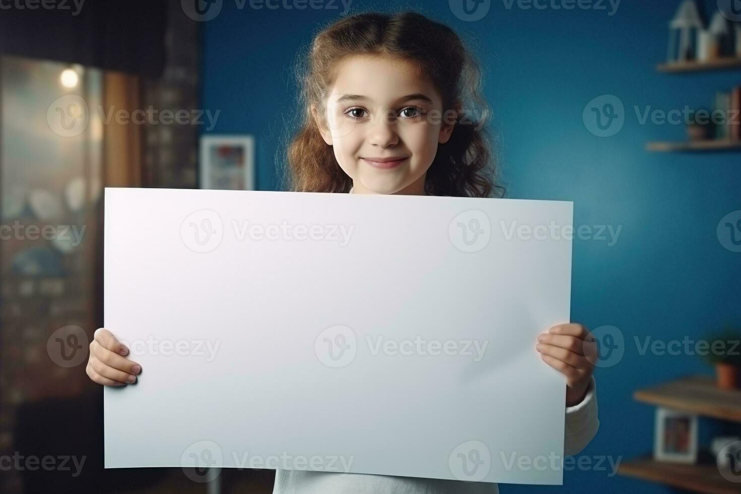AI generated Cute little girl holding blank white sheet of paper in her hands photo