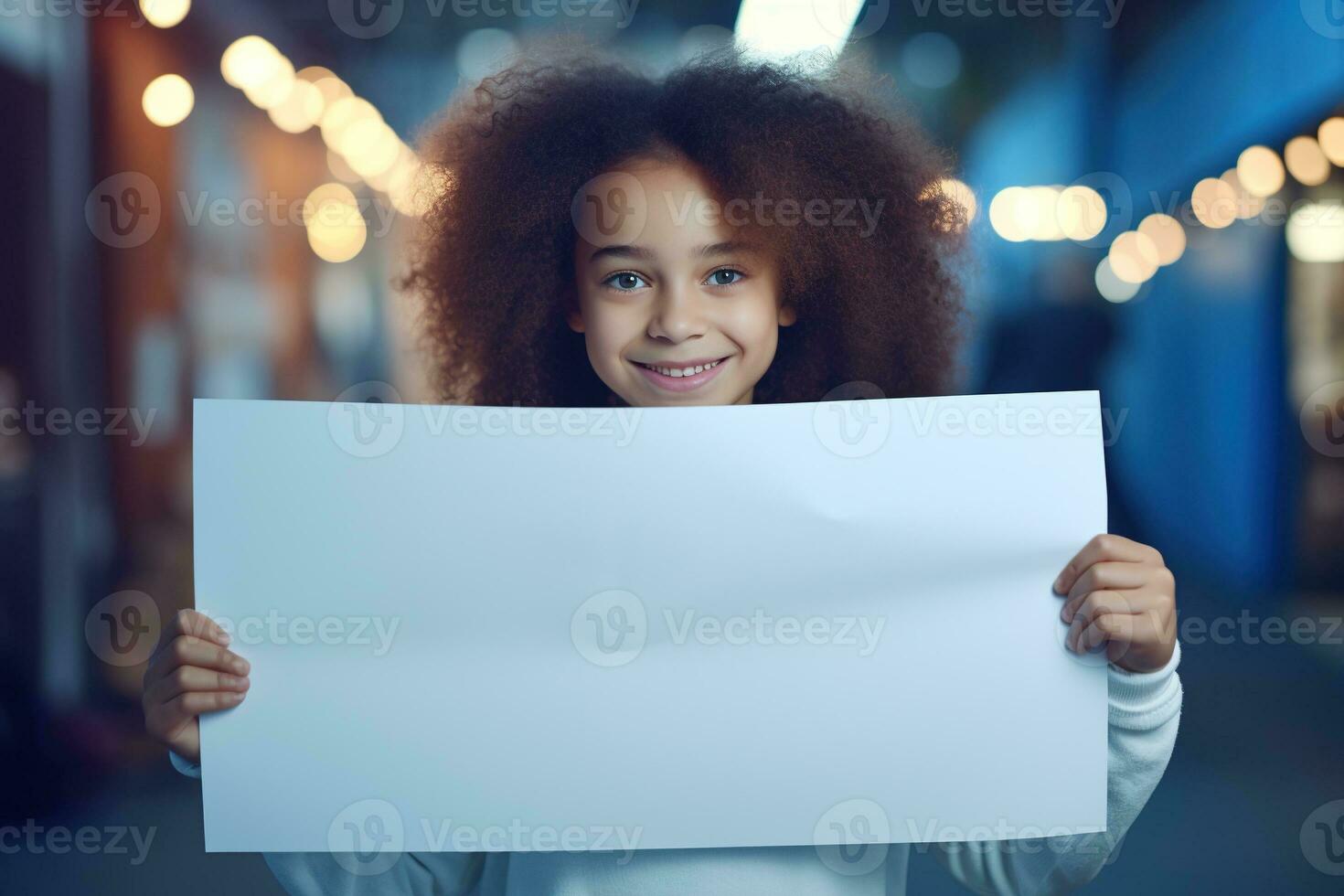 AI generated Cute little girl holding blank white sheet of paper in her hands photo