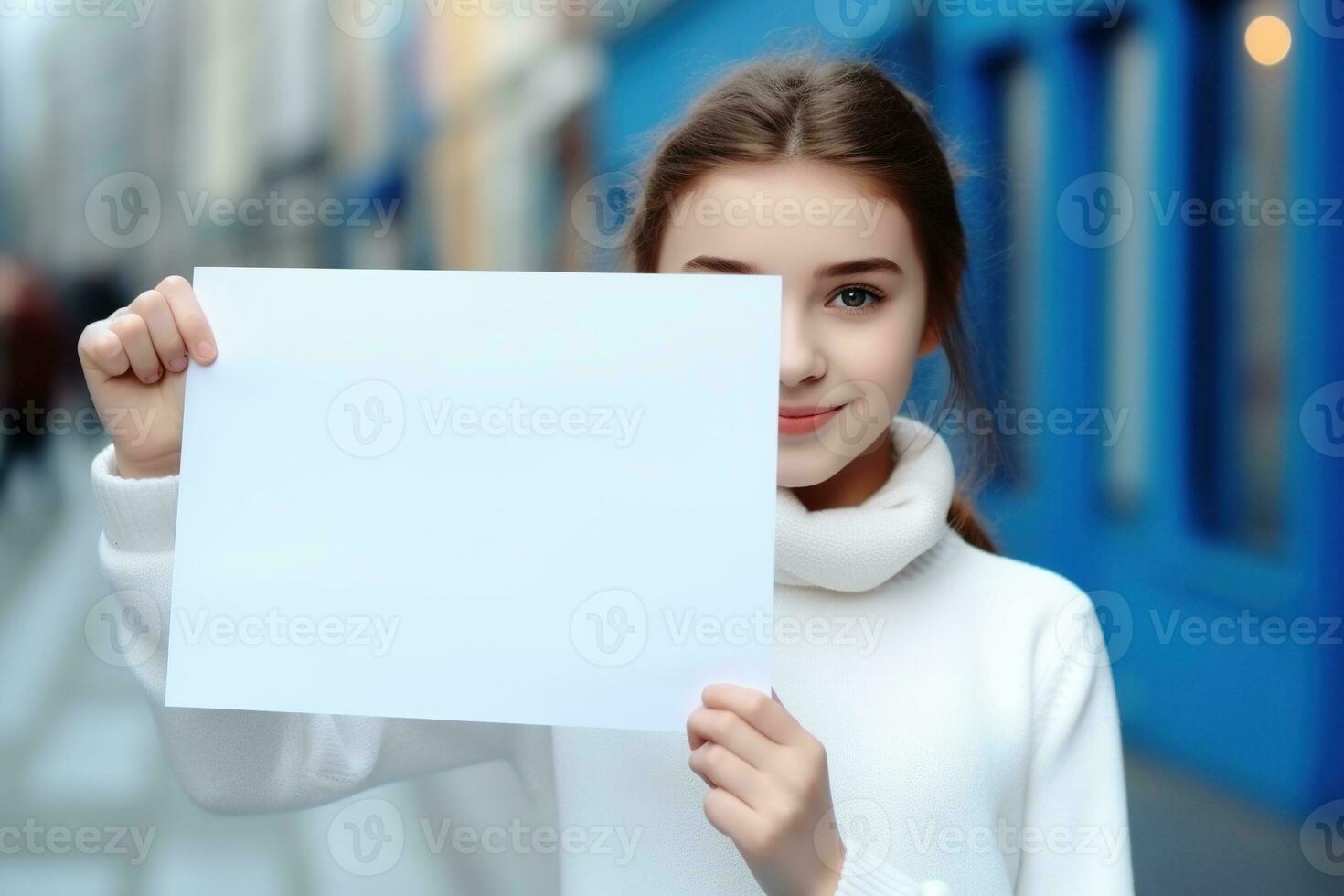 AI generated Cute little girl holding blank white sheet of paper in her hands photo