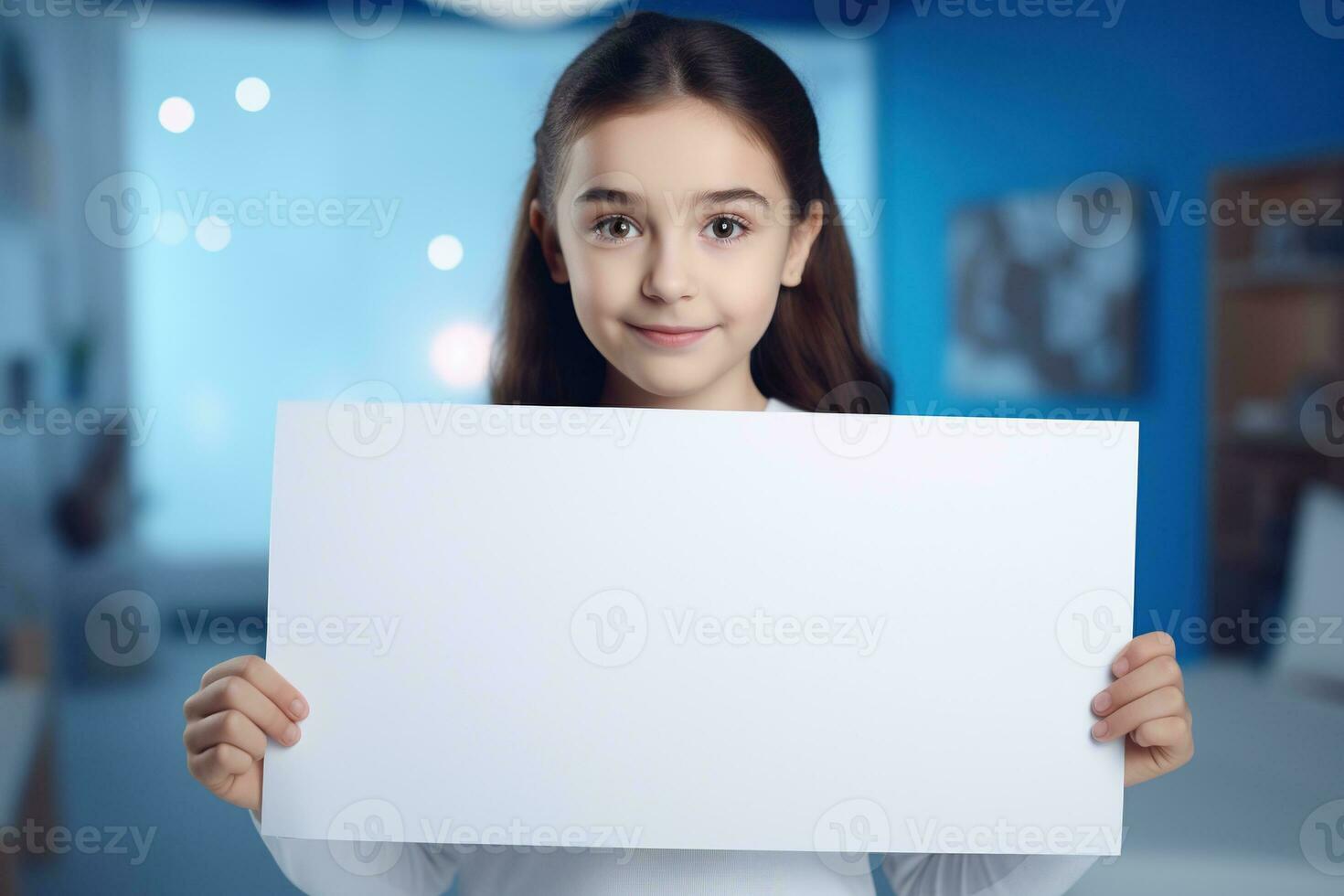 ai generado linda pequeño niña participación blanco blanco sábana de papel en su manos foto