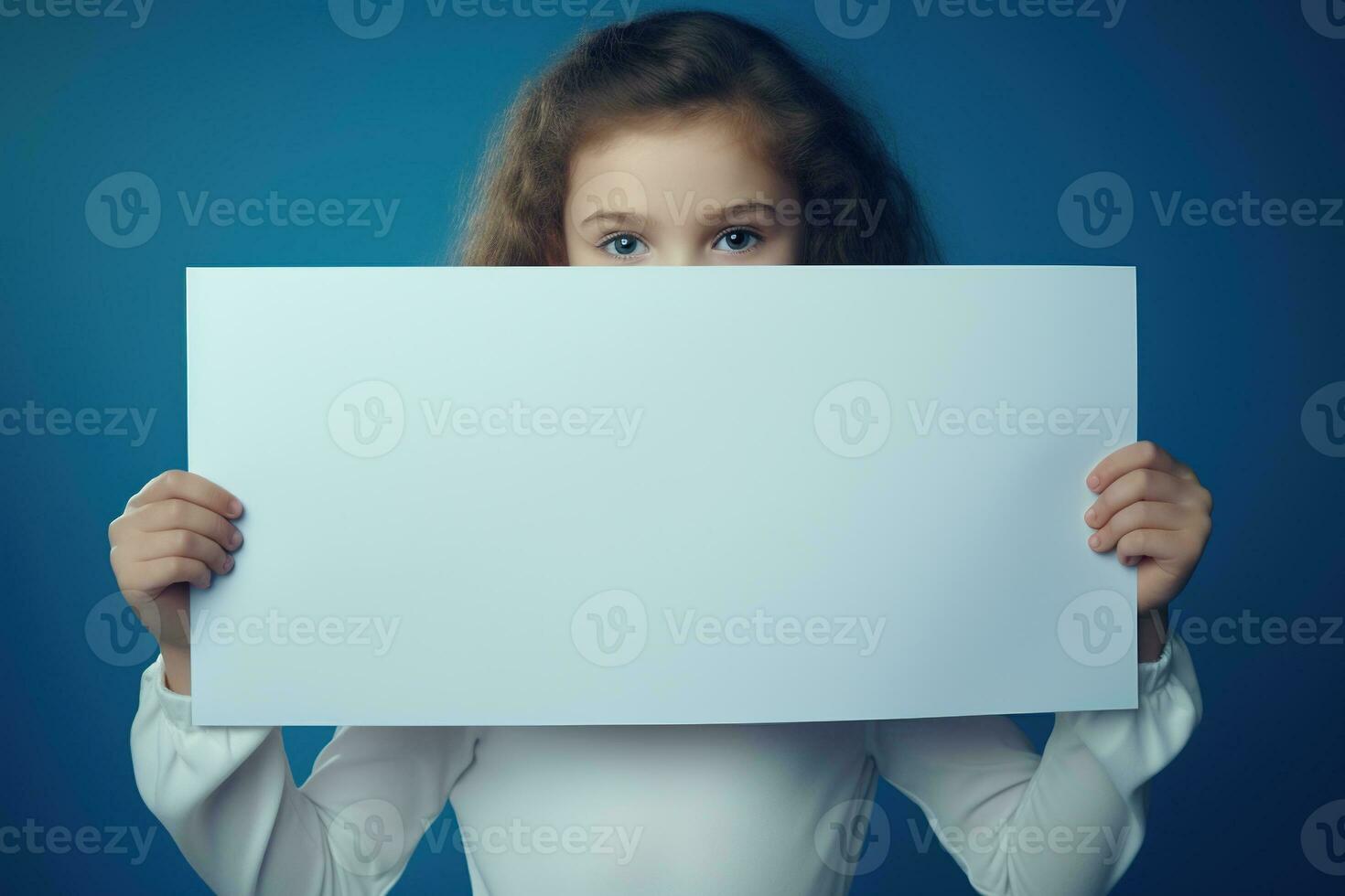 AI generated Cute little girl holding blank white sheet of paper in her hands photo