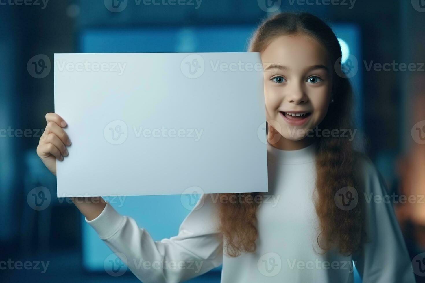 AI generated Cute little girl holding blank white sheet of paper in her hands photo