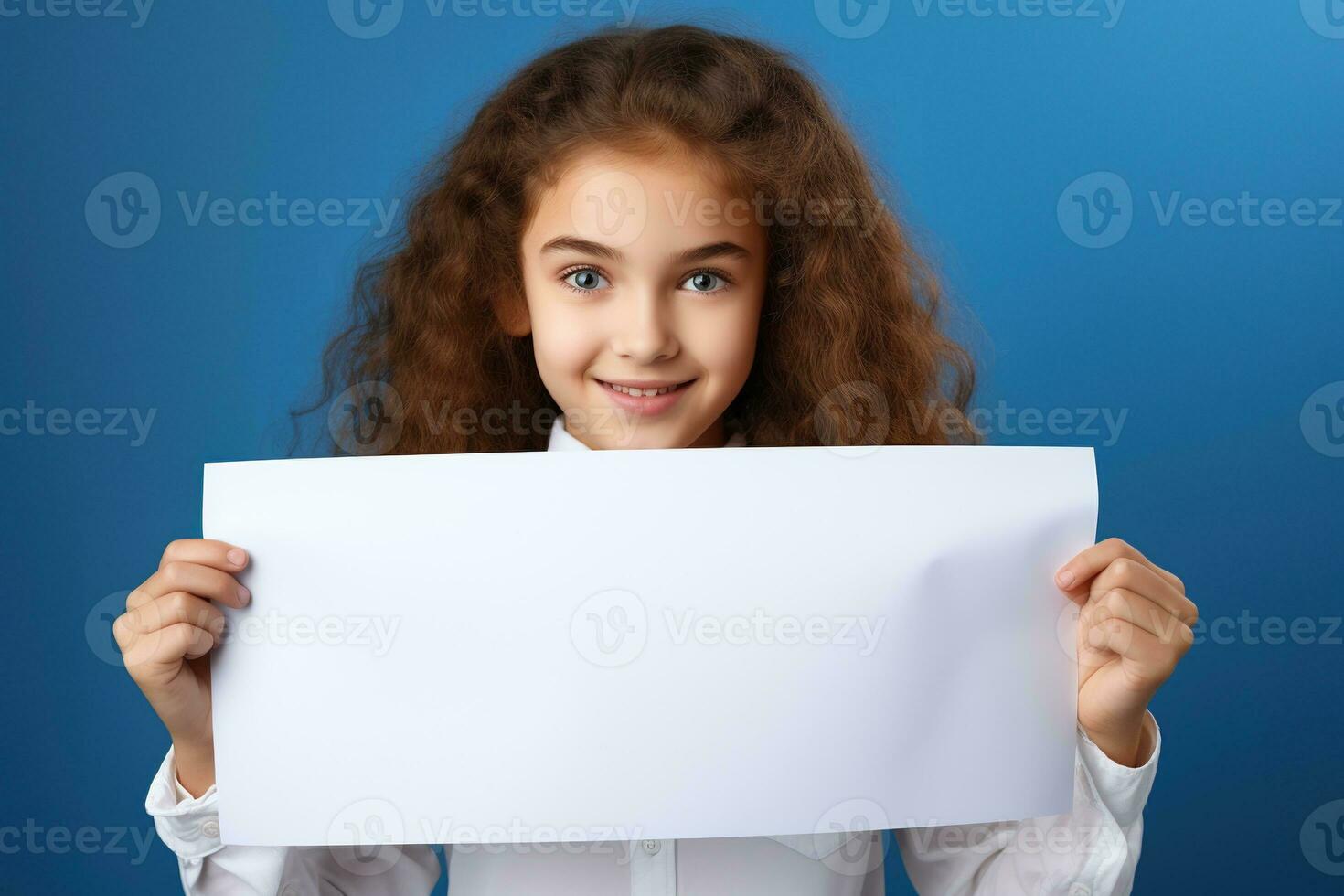 ai generado linda pequeño niña participación blanco blanco sábana de papel en su manos foto