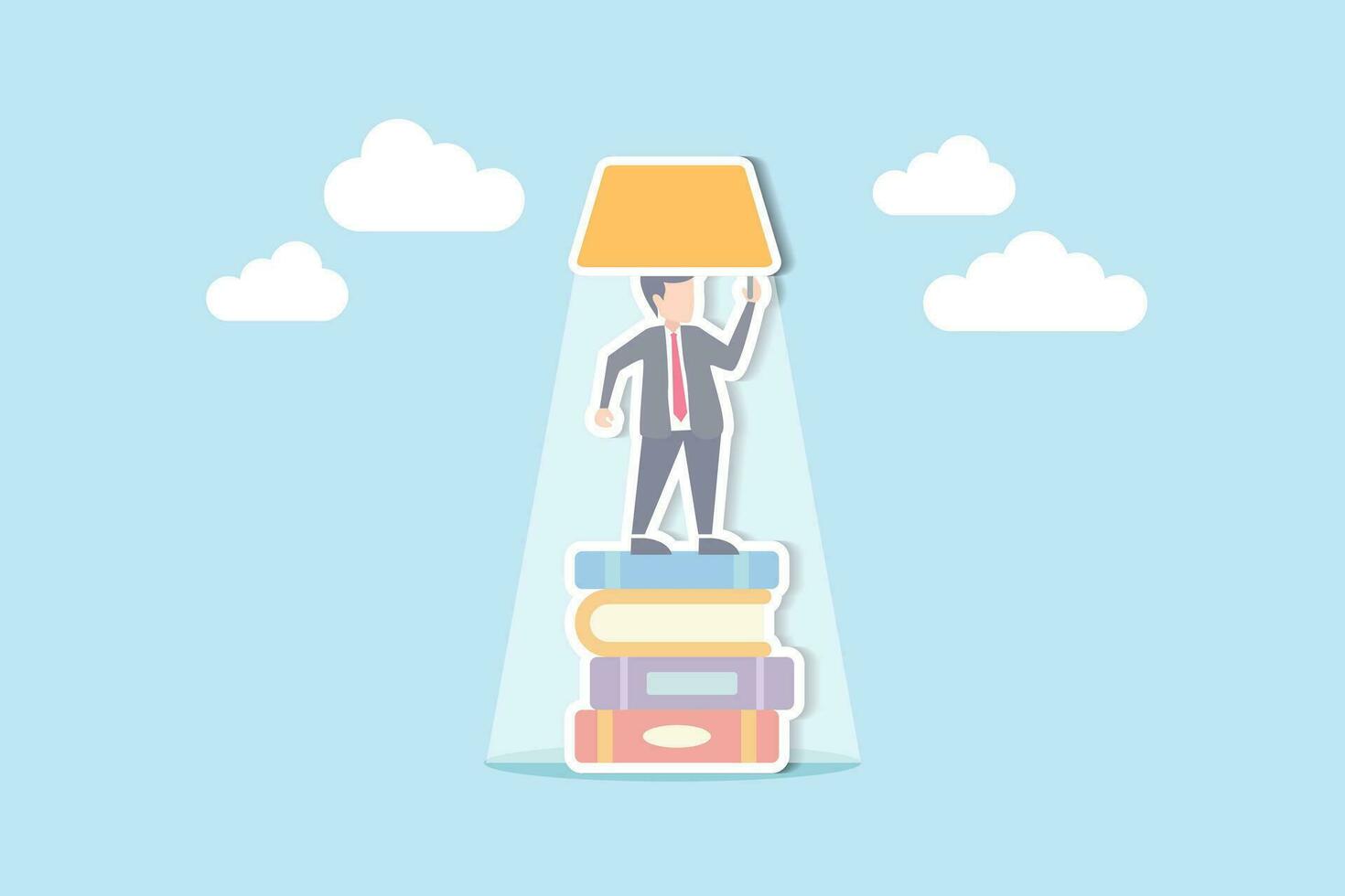Knowledge is power, education or wisdom help solving problem, creativity, intelligence and innovation to develop solution concept, educated man stand on books staking turn on light bulb on his head. vector