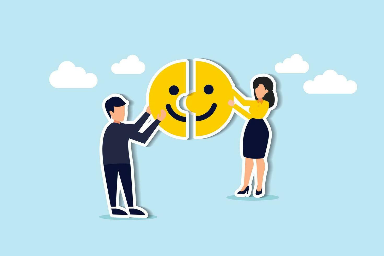 Happiness in workplace, emotional intelligence or mental wellbeing, customer satisfaction or review feedback concept, young cheerful people completed happy smile face jigsaw as joyful symbol. vector