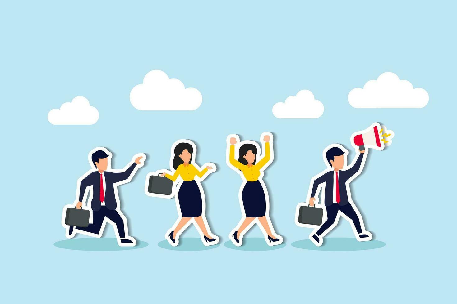 Leadership for team direction, success strategy, lead team to achieve goal, inspiration or motivate employee, manager or company mission concept, businessman leader megaphone pointing team direction. vector