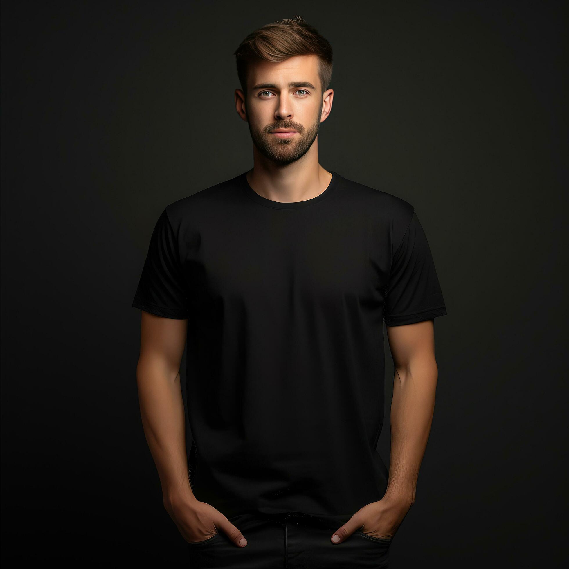 AI generated Black t-shirt mockup, man with black background 35947191 ...