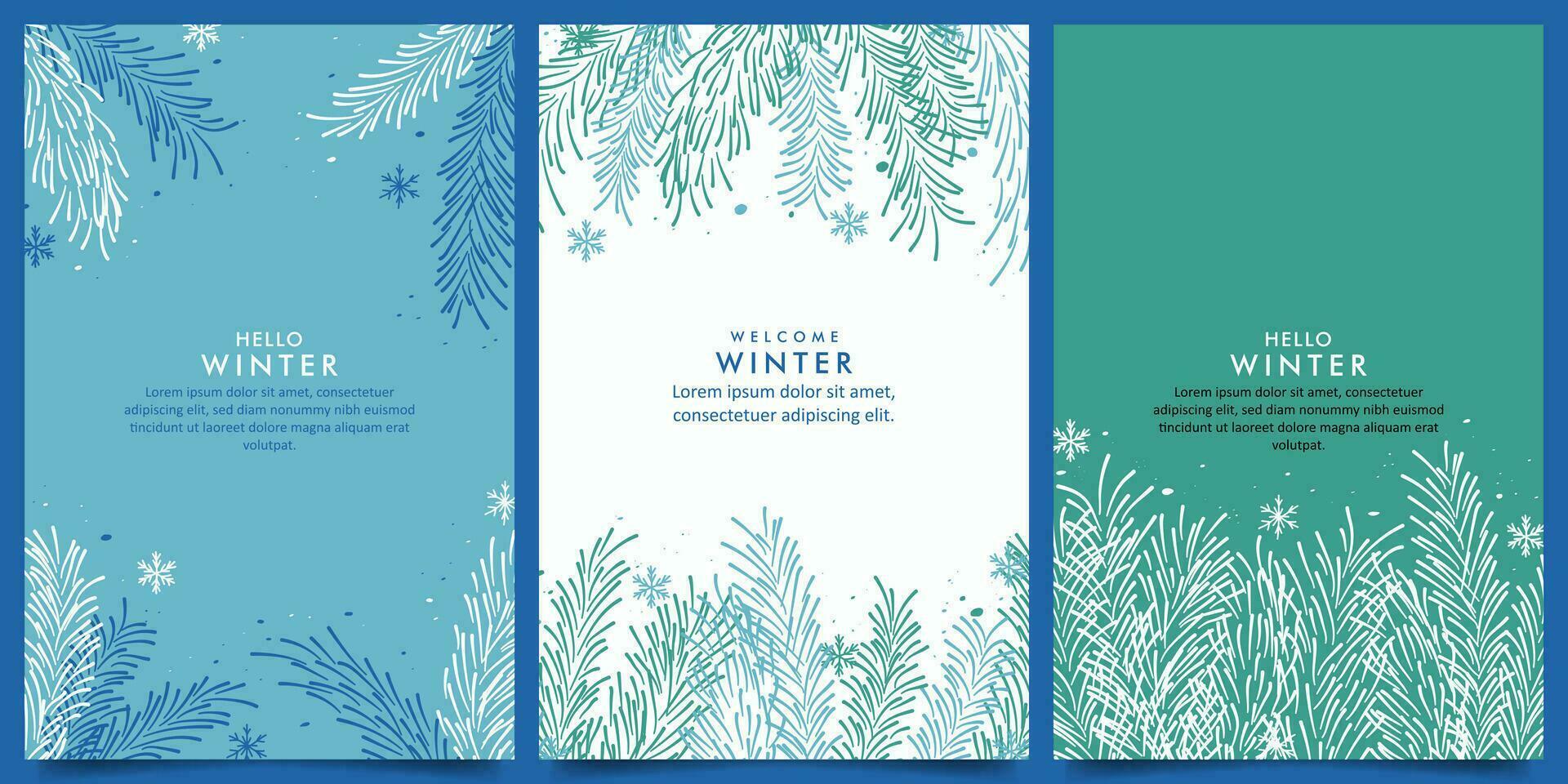 Collection Winter vector design background with pine branches and snowflakes theme design template. for card, banner, poster, social media, promotion background