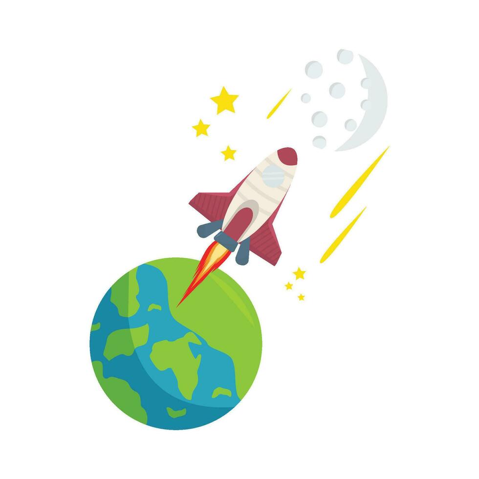 rocket, full moon with earth illustration vector