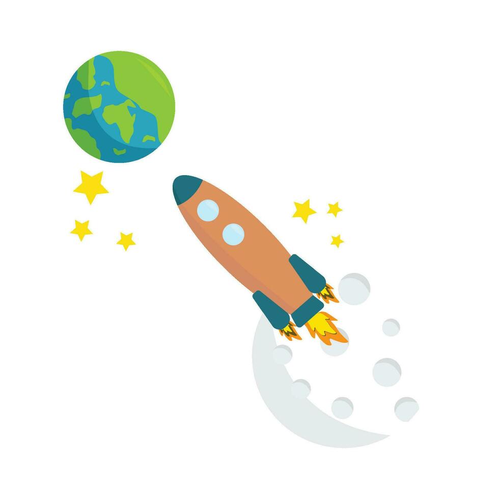 rocket, full moon with earth illustration vector