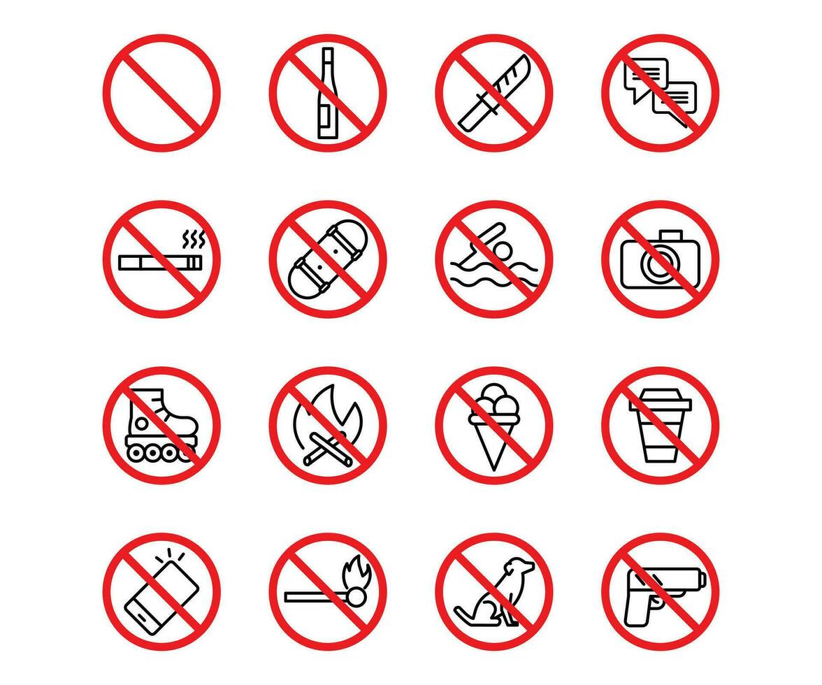 Vector line icon set forbidden sign. Outline stroke design in red circle and pictogram choice rules. Warning closed agreement and information protection or danger risk.