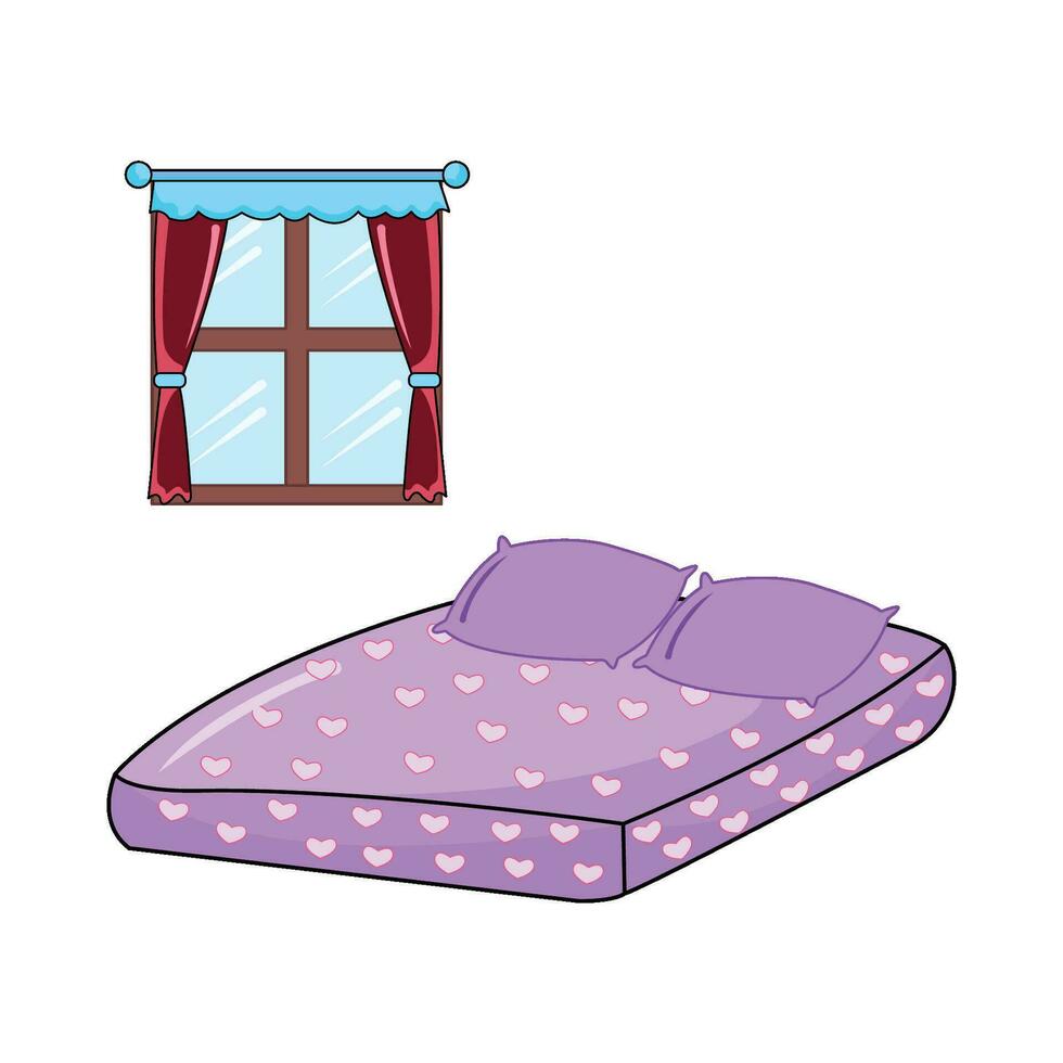 double bed in bedroom with window illustration vector