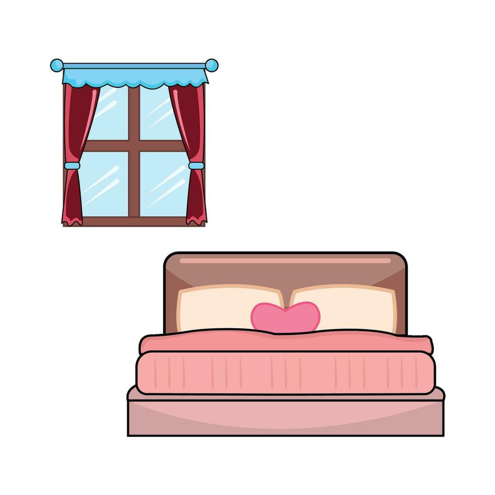 double bed in bedroom with window illustration vector