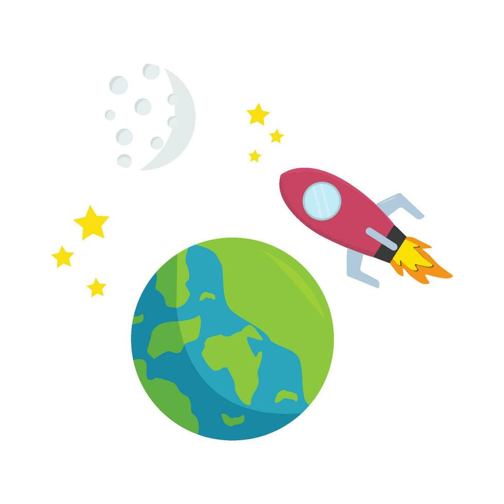 rocket, full moon with earth illustration vector