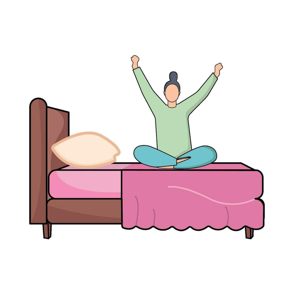 person wake up in double bed illustration vector