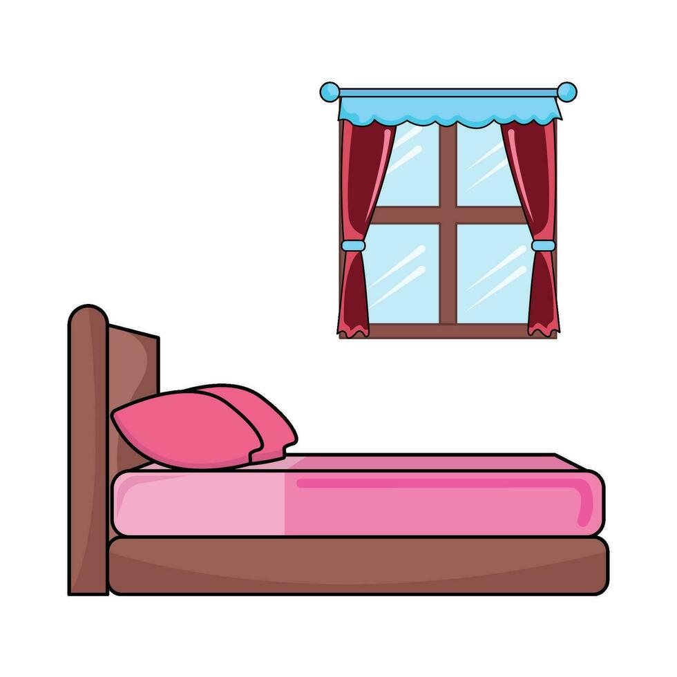 double bed in bedroom with window illustration vector