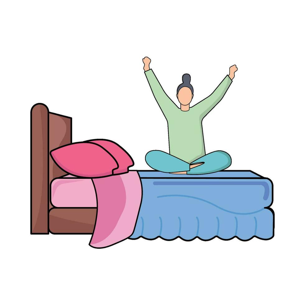 person wake up in double bed illustration vector