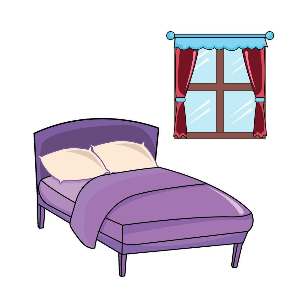 double bed in bedroom with window illustration vector