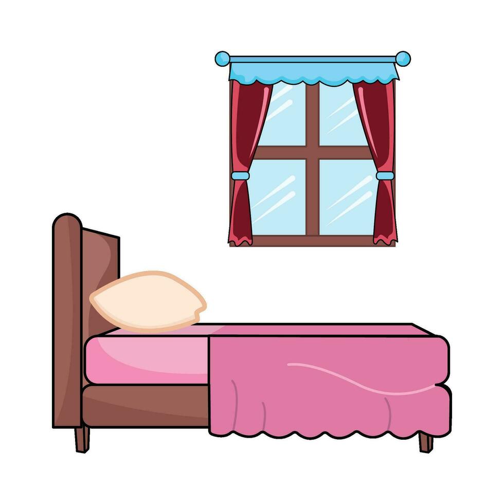 double bed in bedroom with window illustration vector