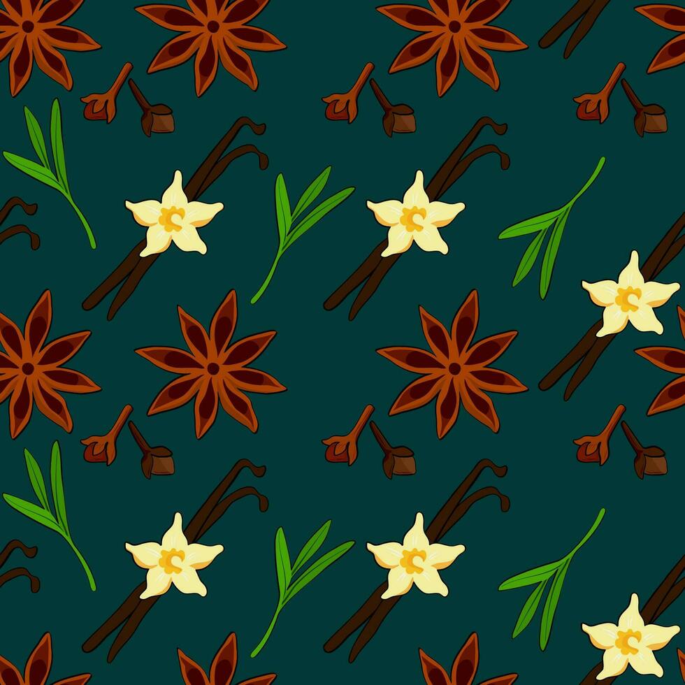 Seamless pattern with vanilla and star anise, rosemary on dark background. Hand drawn vector illustration. Perfect for use to create menus, packaging, patterns, prints, textile design.