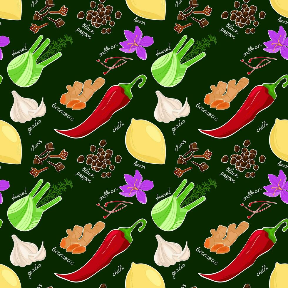 Spices and herbs seamless pattern. Hand drawn vector illustration. Turmeric, cloves, pepper on dark background. Perfect for use to create menus, packaging, patterns, prints, textile design.