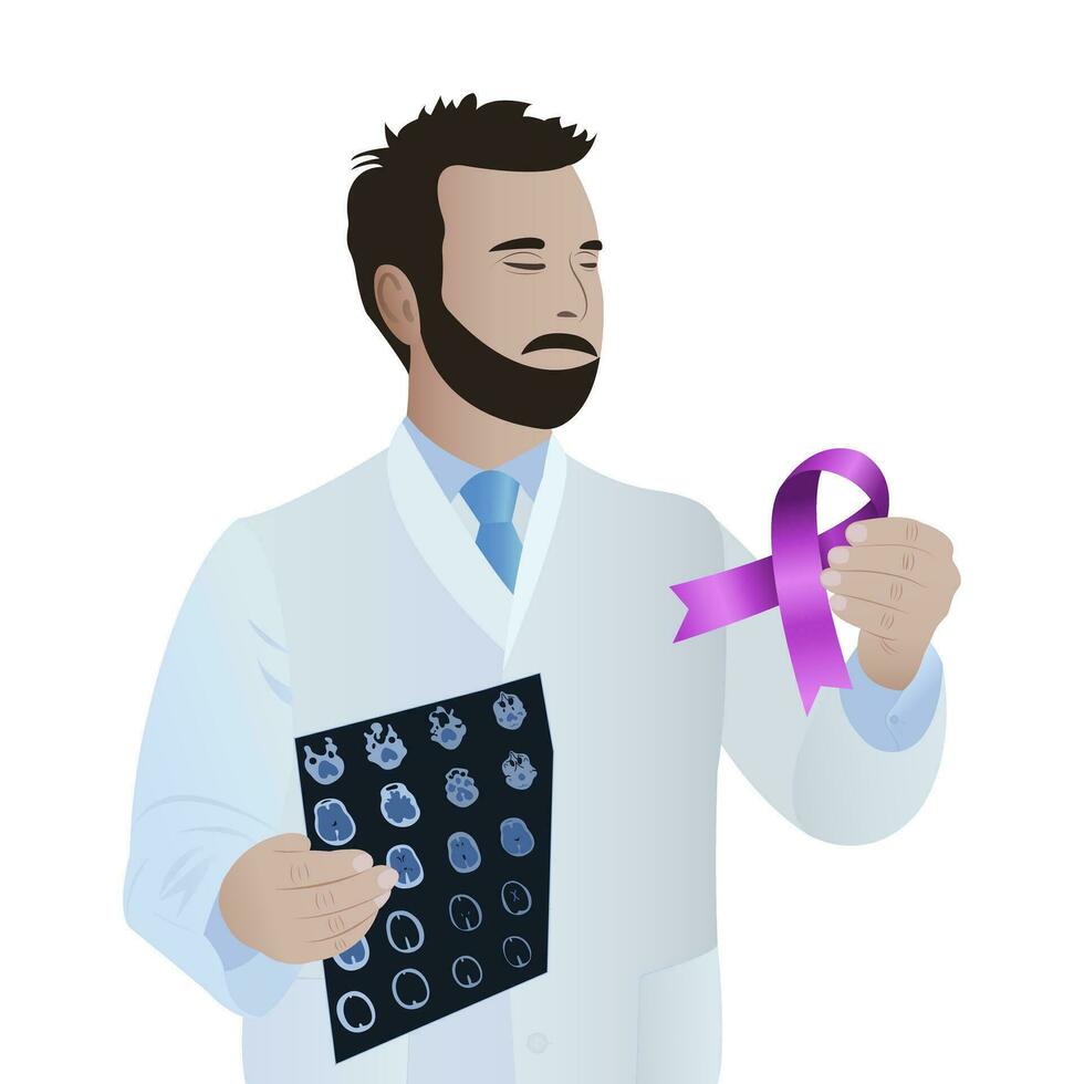 Doctor in white uniform with purple ribbon in hand about ADD, ADHD, Alzheimer's disease, Arnold Chiari malformation, infantile paralysis and stroke, epilepsy vector