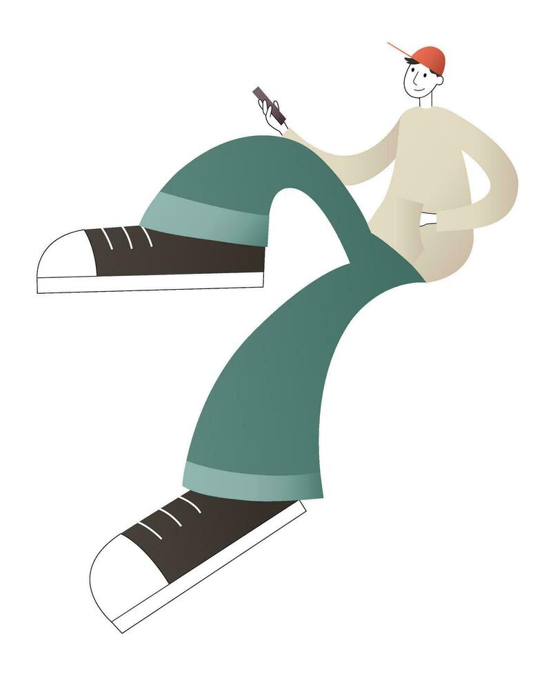 Male character uses mobile app on phone. Guy looks at screen of his smartphone. Vector illustration of using a phone for shopping online, virtual communication, chatting, trading, or networking.