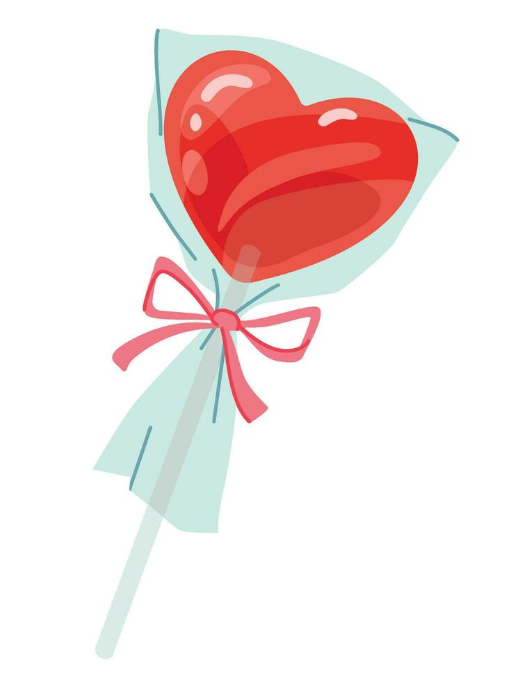 Heart shaped Lollipop candy in a clear package. Red candy on the stick. Romantic love sweet symbol for Valentine's Day, New Year, Christmas greeting card, invitation, web, banner. Vector Illustration.