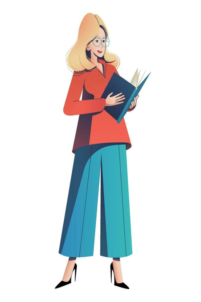 Elegant speaker woman. Stylish businesswoman or teacher lecturer holding a folder with documents and speaking. Woman character flat vector illustration for web design and presentations.