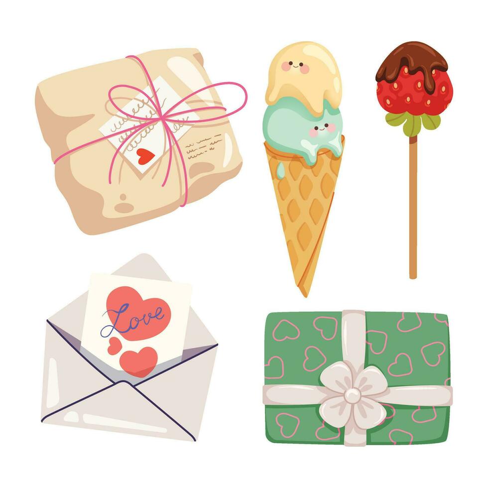 Valentines Day elements clipart. Parcel, cute cone ice cream, strawberries in chocolate, love letter, and gift box. Set of flat vector illustrations for greeting card, banner, sticker, and invitation