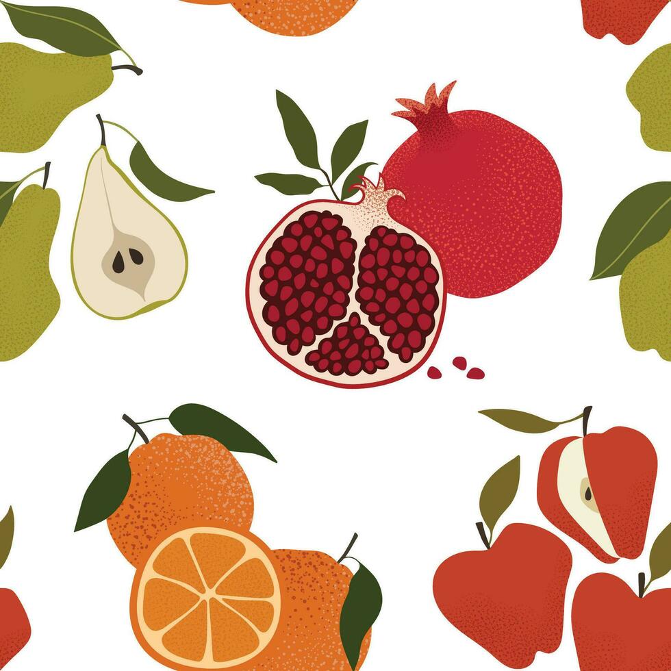 Fruits vector seamless pattern. Surface design with pomegranate, apple, pear, and orange on a white background. Modern abstract background for packaging, paper, cover, fabric, interior decor, etc.