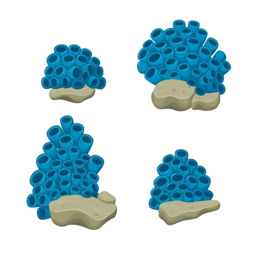 Blue Sea Anemones Set Growing on A Rock, Vector Illustration