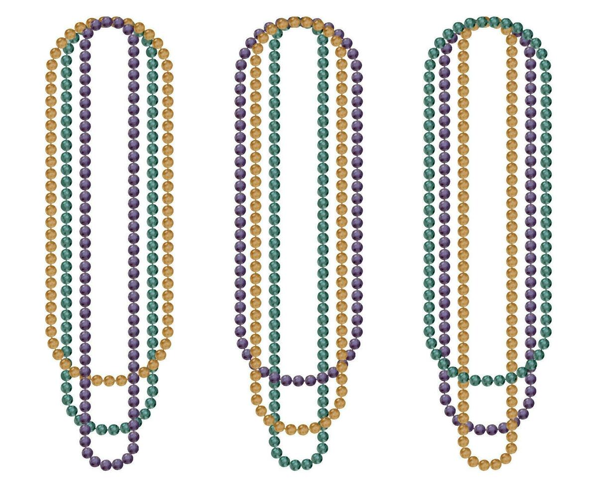 Hand drawn watercolor Mardi Gras carnival symbols. String of beads necklace jewelry throws in traditional color. Single object isolated on white background. Design for party invitation, print, shop vector