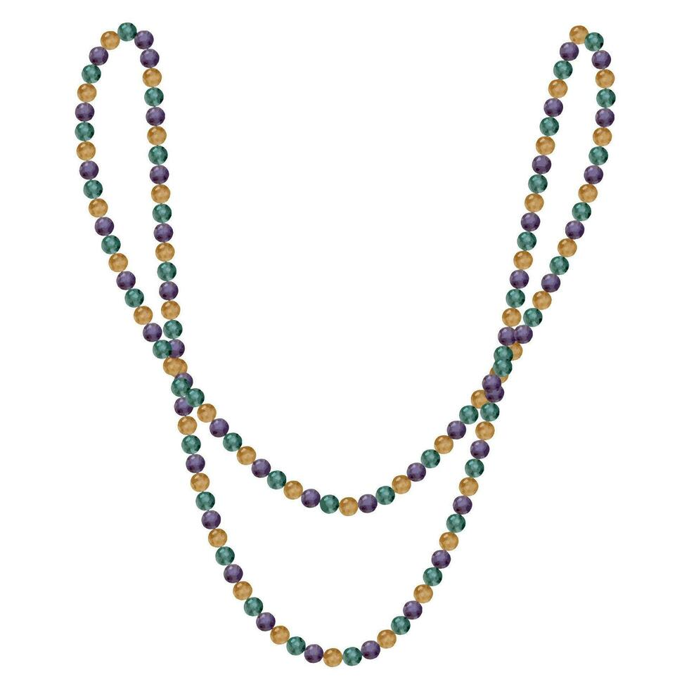 Hand drawn watercolor Mardi Gras carnival symbols. String of beads necklace jewelry throws in traditional color. Single object isolated on white background. Design for party invitation, print, shop vector