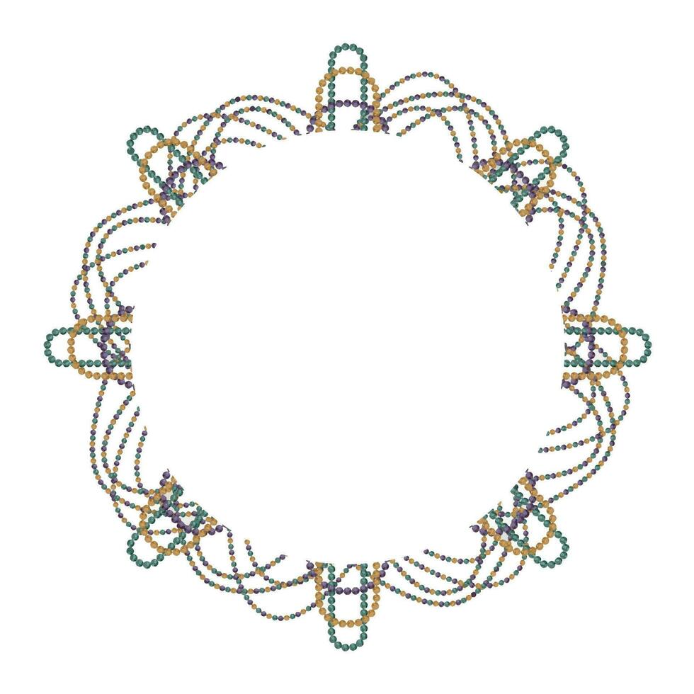 Hand drawn watercolor Mardi Gras carnival symbols. Garland hanging glass bead pearl strings, gold purple green. Wreath frame isolated on white background. Design for party invitation, print, shop vector