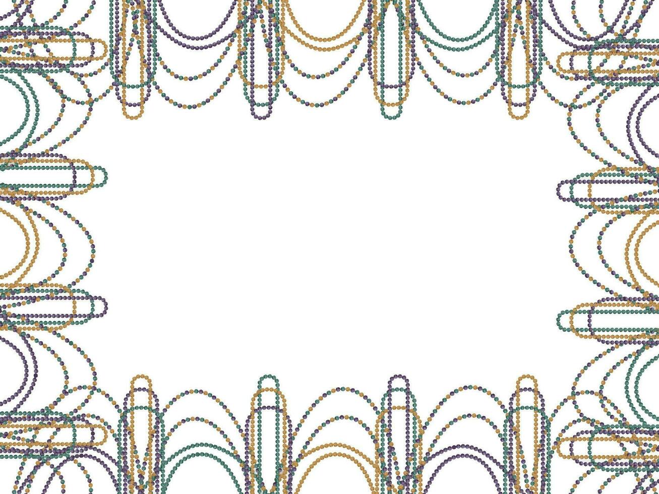 Hand drawn watercolor Mardi Gras carnival symbols. Garland hanging glass bead pearl strings, gold purple green. Horizontal frame isolated on white background. Design for party invitation, print, shop vector