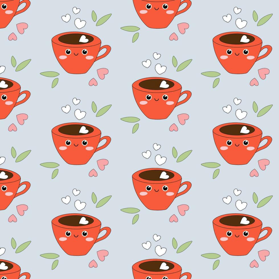 Seamless pattern with cute smiling cocoa cup and hearts. Hand drawn Valentines day design. vector