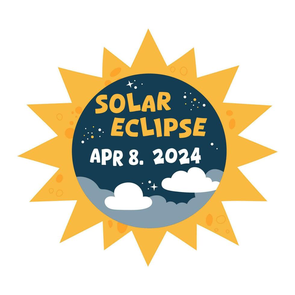 Hand drawn banner solar eclipse 8 april 2024. Vector design with sun, sky and stars.