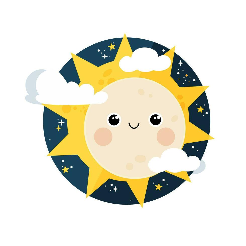 Cute smiling moon character with sunlight behind. Vector design of solar eclipse for kids education.