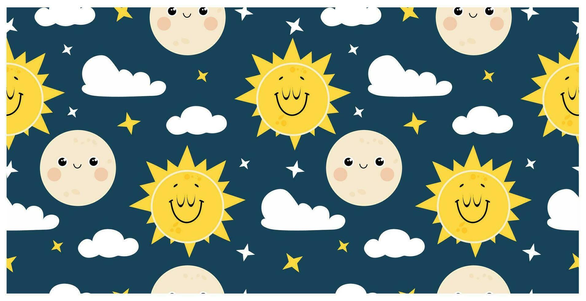 Cute seamless pattern with smiling moon and sun. Vector design for nursery, poster, kids T-shirts.