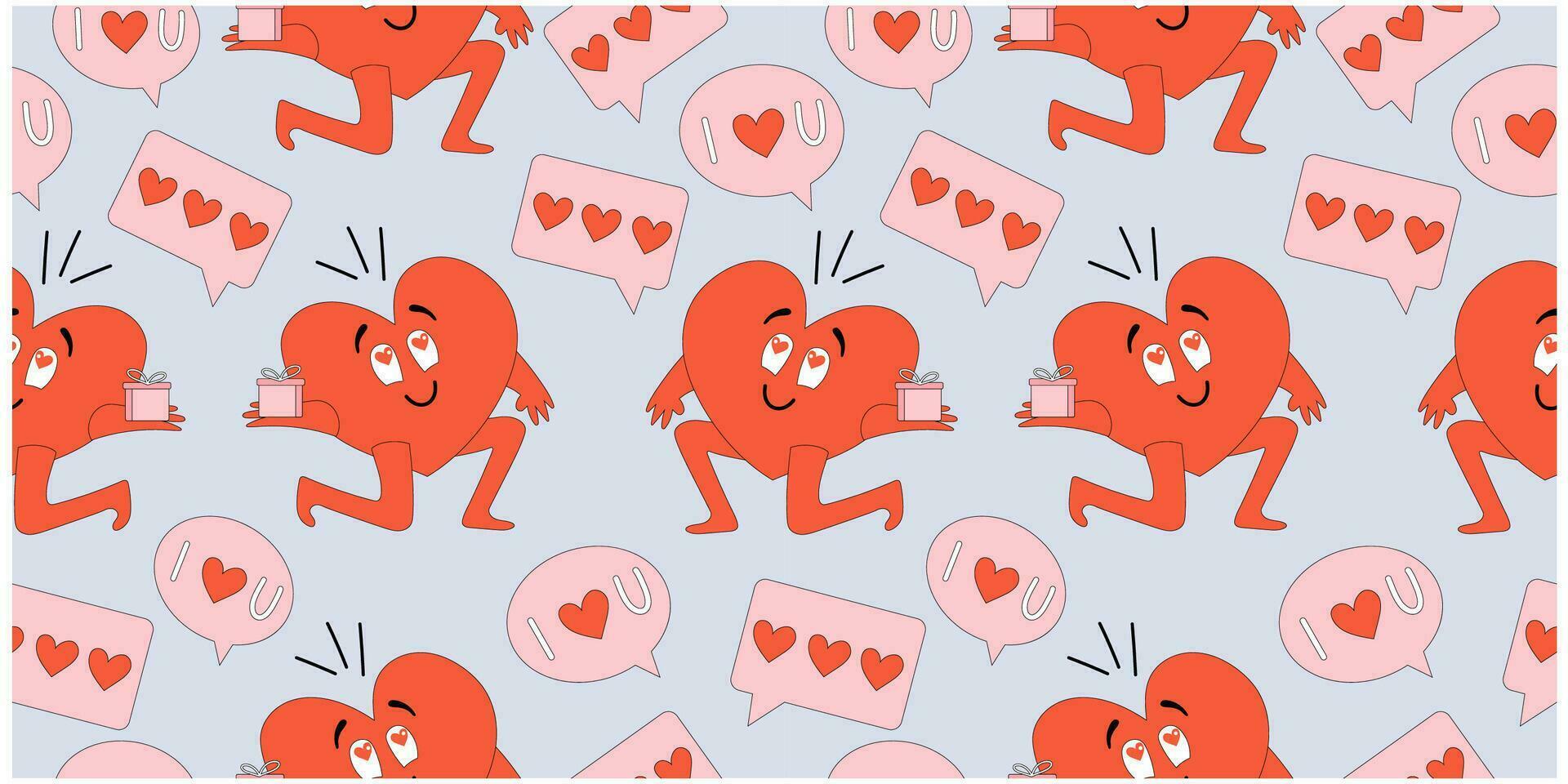 Seamless pattern with smiling heart character and love messages symbols. Hand drawn vector design for Valentines Day.