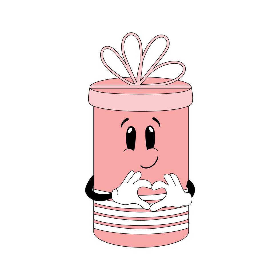 Smiling gift box with heart gesture. Hand drawn mascot vector design in cartoon style.