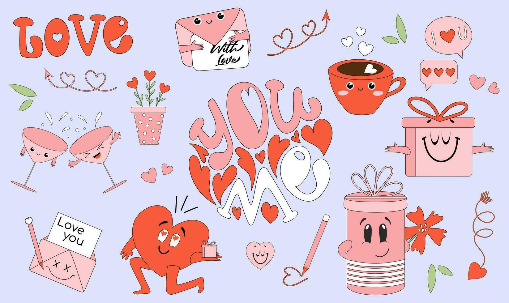 Cute romantic set of Valentines day hand drawn elements. Flat illustrations for stickers, greeting cards, web design. vector